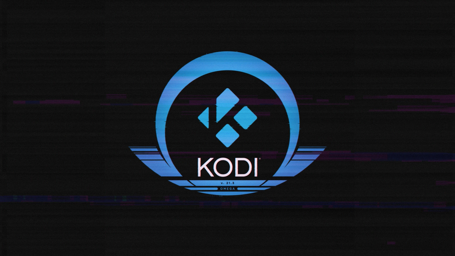 Kodi 21.3 "Omega" Splash Screen - the Kodi logo sits at the centre of a black screen, a stylised Greek letter "Omega" wrapped around it.