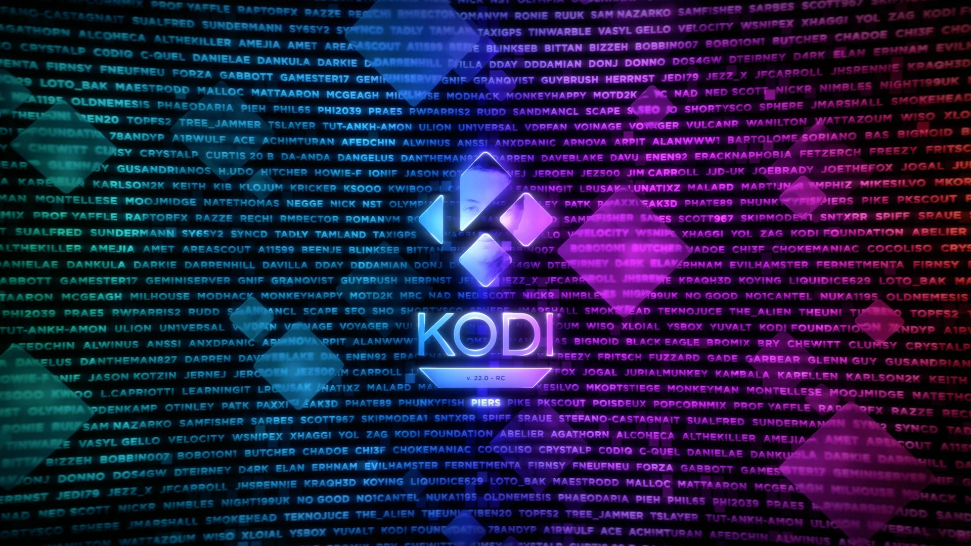 Kodi 22.x "Piers" Release Candidate Splash Screen A sea of shades of purple - text in the background, a solitary Kodi logo and the name "Piers" in the foreground. Look closer, and the text is a huge list of all of the contributors to Kodi over the years.