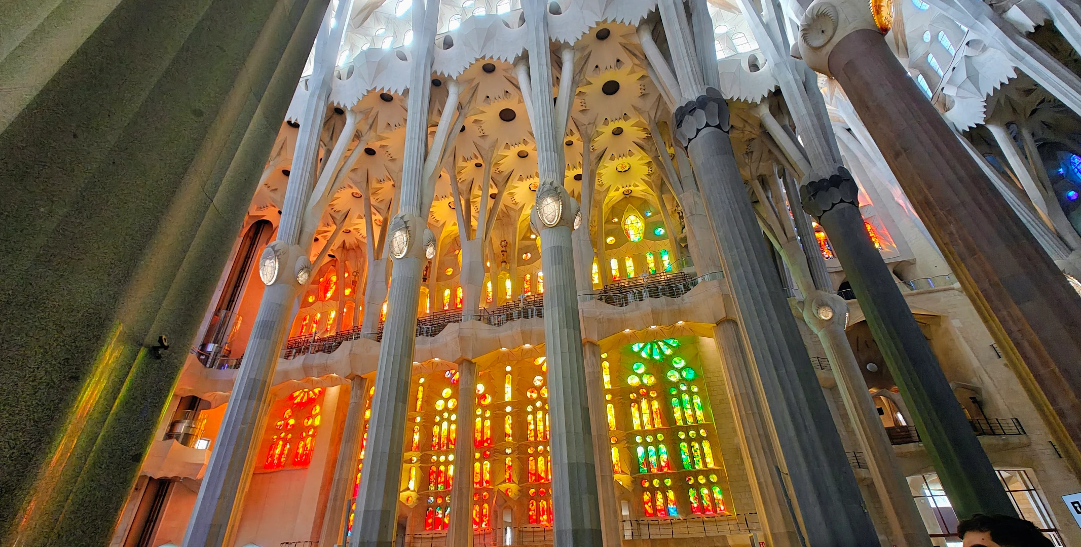 Interior photo of La Sagrada Familia (c) 2026 Ian Harper/Team Kodi A glorious church window streches from floor to ceililng. Sunlight floods through the stained glass, capturing a sweep of orange. red and gold, sending them streaming onto the cathedral walls and pillars.